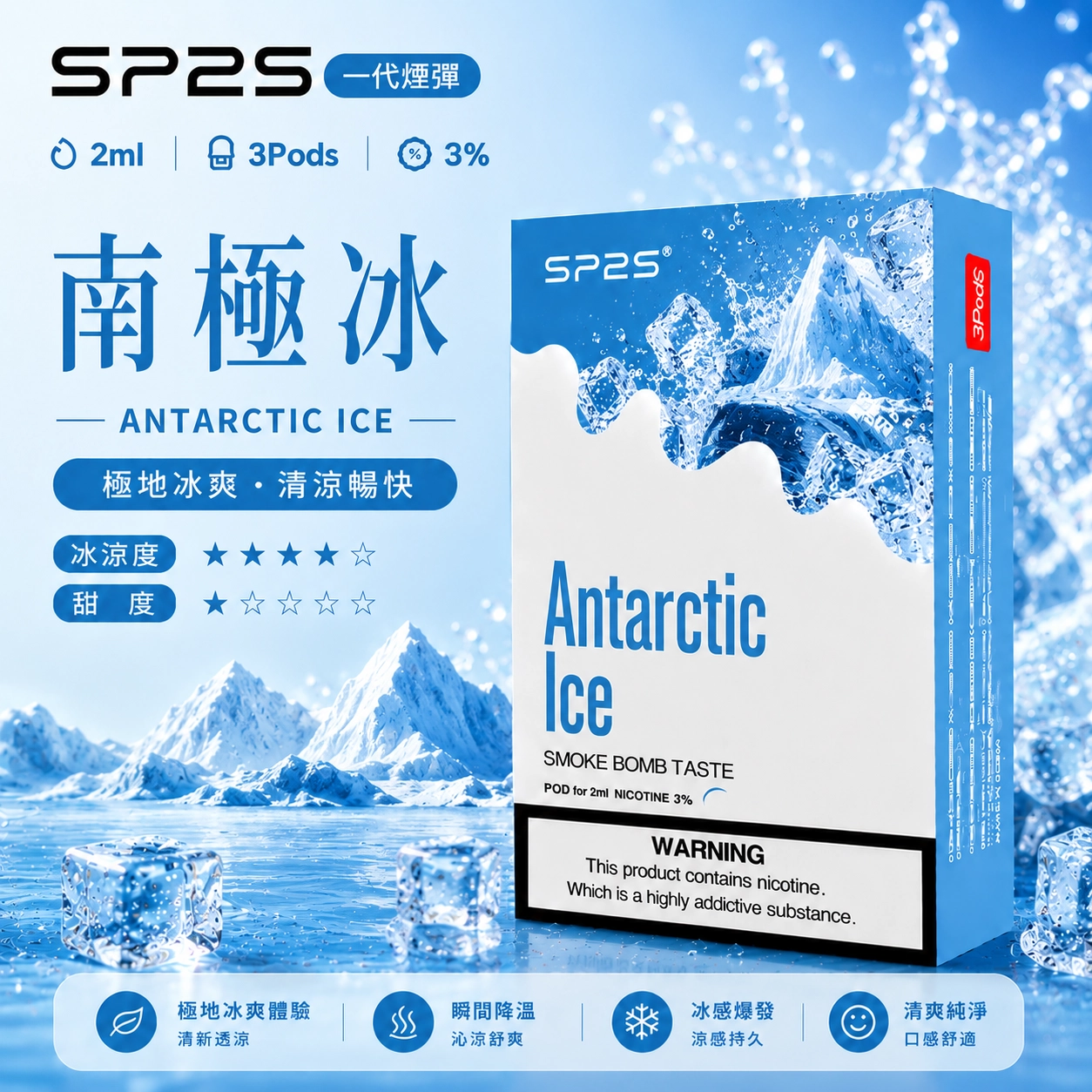 SP2S 思博瑞 SP2 通用煙彈 2ml 3顆裝 磁吸式 陶瓷霧化芯 適用一代主機 南極冰